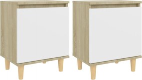 vidaXL Noptiere cu picioare lemn masiv, 2 buc., alb/stejar, 40x30x50cm
