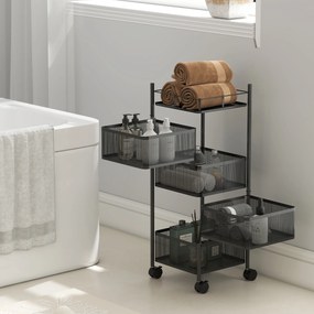 HOMCOM Cărucior de bucătărie pe roți, 5 nivele, cărucior de depozitare 4 coșuri rotative, raft, 27,5x27,5x77cm, negru | Aosom Romania