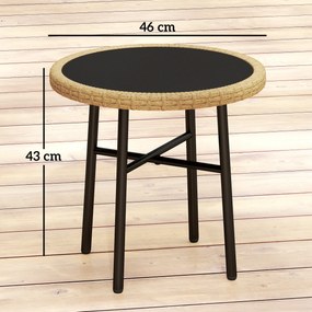 Outsunny Masă de Cafea Rotundă de Grădină, Masă Auxiliară Exterioară din Rășină Împletită și Blat din Sticlă Securizată, 46x46x43cm, Natural | Aosom Romania