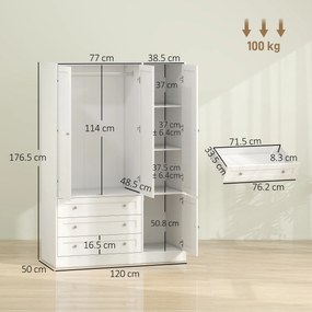 HOMCOM Dulap Modern cu Bară pentru Umerașe, 3 Sertare și Raft Reglabil, Alb | Aosom Romania
