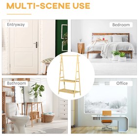 Suport pentru Umerase HOMCOM cu 2 Rafturi si 4 Carlige Laterale, Structura din bambus, 100L x 42l x 155lcm, Culoarea Lemnului