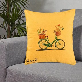 Perna Decorativa Bicicleta Florala Turcoaz Acuarela, 40x40 cm, Galben, Husa Detasabila, Perna Inclusa, BEKZ®