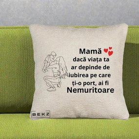 Cadou pentru Mama - Perna Personalizata Mama Nemuritoare Portret Graphic, 40x40 cm, Bej Canapea, Husa Detasabila, Perna Inclusa, BEKZ®