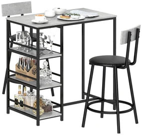 HOMCOM Set Masă de Bar cu 3 Rafturi și 2 Scaune cu Spătar, 90x50x90.5 cm, Gri Deschis | Aosom Romania