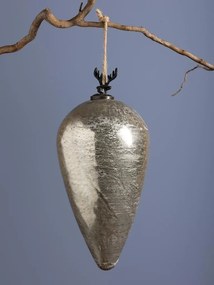 Glob decorativ din sticlă și metal, argintiu, formă de picătură, cap de cerb cu coarne ramificate în vârf, finisaj patinat, 35 x 16 cm, „Cerf”