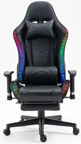 RESIGILAT- Scaun gaming cu sistem iluminare bandă LED RGB, masaj în perna lombară, suport picioare, funcție șezlong, 90-180 grade, piele ecologica Premium, Negru
