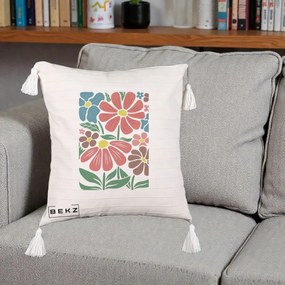 Perna Decorativa Flori Grafice Colorate Retro, 40x40 cm, Bej cu Franjuri, Husa Detasabila, Perna Inclusa, BEKZ®