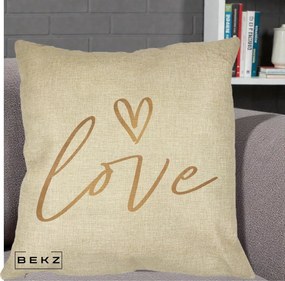 Perna Decorativa Love Caligrafie Aurie, 40x40 cm, Crem, Husa Detasabila, Perna Inclusa, BEKZ®