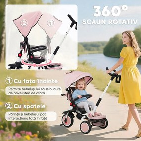 AIYAPLAY Tricicletă 6 în 1 pentru Copii, cu Mâner Parental și Scaun Rotativ, 111,5x52x98 cm, Roz | Aosom Romania