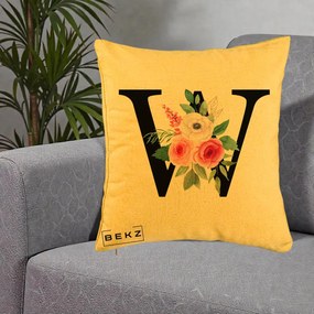 Cadou Personalizat - Perna Personalizata Monograma Florala Litera W cu Trandafiri si Anemona, 40x40 cm, Galben, Husa Detasabila, Perna Inclusa, BEKZ®