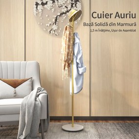 HOMCOM Cuier de Podea Autoportant cu 8 Cârlige și Bază din Marmură, Ø32x164 cm, Auriu | Aosom Romania