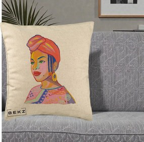 Perna Decorativa Portret Femeie Africana, 40x40 cm, Bej, Husa Detasabila, Perna Inclusa, BEKZ®