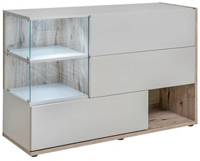 Comoda moderna, push open, 120x77x40 cm, gri deschis perlat cu stejar cu noduri, cu led , cu 3 usi, vitrina sticla securizata, si spatiu gol, Bortis