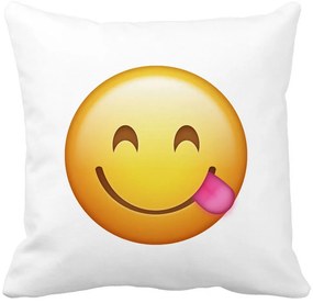 Perna Decorativa Patrata Emoji cu Limba, 40x40 cm, Alba, Mata, Husa Detasabila, Burduf