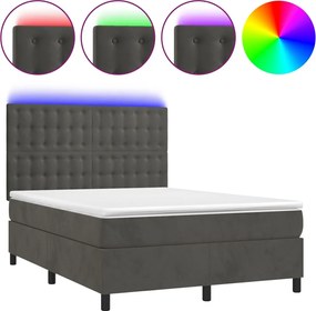 vidaXL Pat cu arcuri, saltea și LED, gri închis, 140x190 cm, catifea