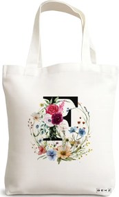 Sacosa de Panza pentru Cumparaturi, Geanta Tote, Cu litera F in Coronita Florala, 38x34.5 cm, Alba, BEKZ®