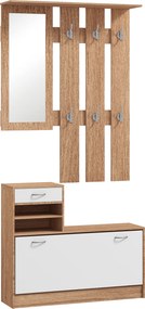 HOMCOM Set Mobilier Modern cu Etajeră pentru Pantofi, Oglindă cu 6 Cârlige, 2 Rafturi și Sertare, 90x24x177 cm, Lemn Natural | Aosom Romania