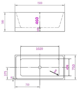 Cada baie freestanding dreptunghiulara cu preaplin 150 x 75 cm Florida, Quadro New 1500x750 mm