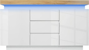 Comodă sideboard cu 2 uși și 3 sertare, iluminare LED, 140x39x81 cm, Alb