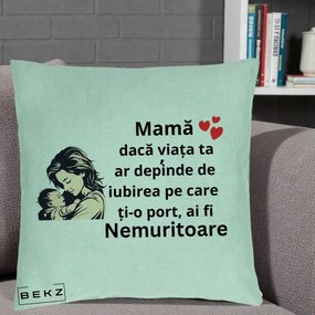 Cadou pentru Mama - Perna Personalizata Mama Nemuritoare Aproape de Bebe, 40x40 cm, Verde Menta, Husa Detasabila, Perna Inclusa, BEKZ®