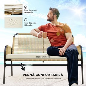 Outsunny Set pentru Exterior din Canapea cu 2 Locuri, 2 Fotolii cu Perne și Măsuță de Cafea din Sticlă, 110x65x74 cm, Galben | Aosom Romania