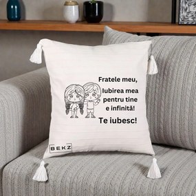 Cadou pentru Frate - Perna Personalizata Fratele Meu Te Iubesc Copii Anime Line Art Negru, 40x40 cm, Bej cu Franjuri, Husa Detasabila, Perna Inclusa, BEKZ®