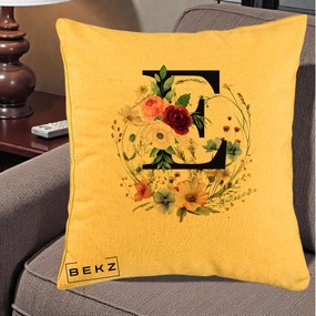 Cadou Personalizat - Perna Personalizata Monogram Litera E cu Flori Acuarela, 40x40 cm, Galben, Husa Detasabila, Perna Inclusa, BEKZ®