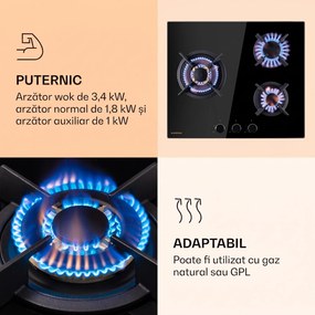 Klarstein Goldflame 3, plită pe gaz, 3 arzătoare, arzătoare Messing, sticlă ceramică