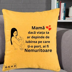 Cadou pentru Mama - Perna Personalizata Mama Nemuritoare Linie, 40x40 cm, Galben, Husa Detasabila, Perna Inclusa, BEKZ®
