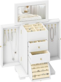 HOMCOM Cutie de bijuterii pentru femei cu 4 nivele, cutie din lemn cu aripi, oglindă și 2 sertare, 26,5x16 x33,5 cm, Alb | Aosom Romania