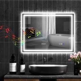 HOMCOM Oglindă Baie Anti-aburire Con Lumină Led E Difuzor Bluetooth 80x60 cm | Aosom Romania