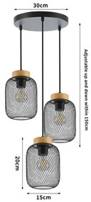 Brilagi - Lustra suspendată pe cablu BASKLITE 3xE27/15W/230V, lemn de cauciuc/negru