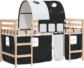 vidaXL Pat etajat de copii cu tunel alb/negru 90x190 cm lemn masiv pin