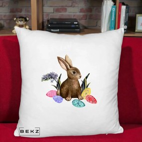 Perna Decorativa Iepuras cu Oua de Pasti Acuarela, 40x40 cm, Alb Pufos, Husa Detasabila, Perna Inclusa, BEKZ®