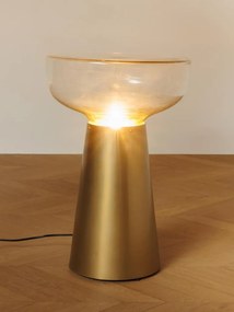 Măsuță laterală iluminată rotundă din metal și sticlă, auriu, cu blat în formă de cupă și bază conică, 56 x 37 cm, „Marvela”
