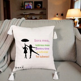 Cadou pentru Sora - Perna Personalizata Sora Mea Te Iubesc Siluete Colorate Umbrela, 40x40 cm, Bej cu Franjuri, Husa Detasabila, Perna Inclusa, BEKZ®