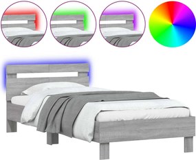 vidaXL Cadru de pat cu tăblie și lumini LED, gri sonoma, 100x200 cm