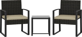 Outsunny Set de grădină din ratan PE pentru 2 persoane, masă de grădină cu 2 scaune, blat din sticlă securizată, maro | Aosom Romania