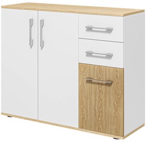HOMCOM Bufet de Bucătarie cu 2 Sertare 2 Dulapuri și Rafturi Ajustabile pentru Sufragerie 90x30x75,5 cm Alb și Natural | Aosom Romania