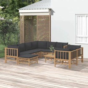Set mobilier de gradina cu perne gri inchis, 10 piese, bambus