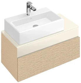 Dulap baza suspendat cu blat sticla, Memento Villeroy&Boch, lavoar stanga, 80.6x46x37cm, stejar deschis/bej, C779L0FC