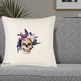 Perna Decorativa Craniu Floral cu Trandafiri si Ciuperci, 40x40 cm, Crem Reliefat, Husa Detasabila, Perna Inclusa, BEKZ®