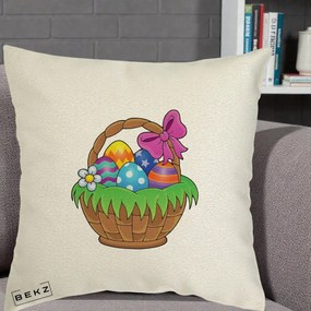 Perna Decorativa Cos cu Oua de Pasti Colorat, 40x40 cm, Ecru, Husa Detasabila, Perna Inclusa, BEKZ®