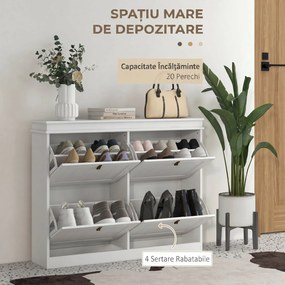 HOMCOM Pantofar Slim cu 4 Uși Rabatabile, Rafturi Reglabile, pentru 10-20 Perechi, Alb | Aosom Romania