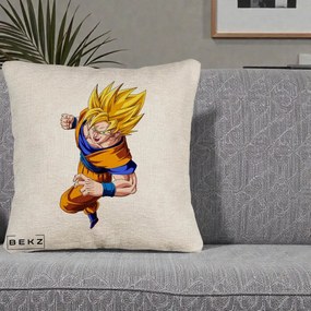 Perna Personalizata Dragon Ball Goku Super Saiyan 2 Lupta, 40x40 cm, Bej Canapea, Husa Detasabila, Perna Inclusa, BEKZ®