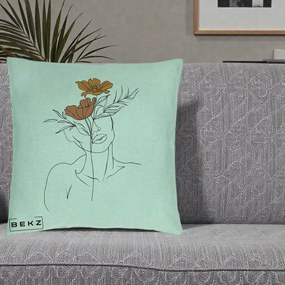 Perna Decorativa Portret Feminin Doua Flori, 40x40 cm, Verde Menta, Husa Detasabila, Perna Inclusa, BEKZ®