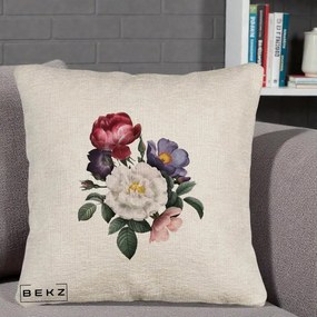 Perna Decorativa Buchet Trandafiri Bujori Botanical, 40x40 cm, Bej Canapea, Husa Detasabila, Perna Inclusa, BEKZ®