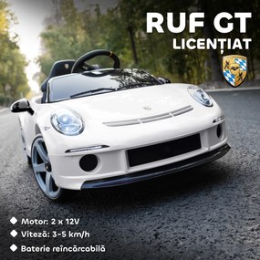 AIYAPLAY Mașină pentru Copii 3-5 Ani cu Licență Oficială RUF GT, Telecomandă, Centură de Siguranță și Muzică, Alb | Aosom Romania