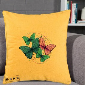 Perna Decorativa Patru Fluturi Turcoaz-Violet, 40x40 cm, Galben, Husa Detasabila, Perna Inclusa, BEKZ®