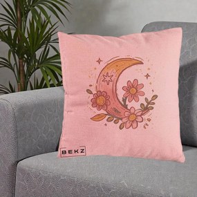 Perna Decorativa Luna Florala Boho, 40x40 cm, Roz, Husa Detasabila, Perna Inclusa, BEKZ®